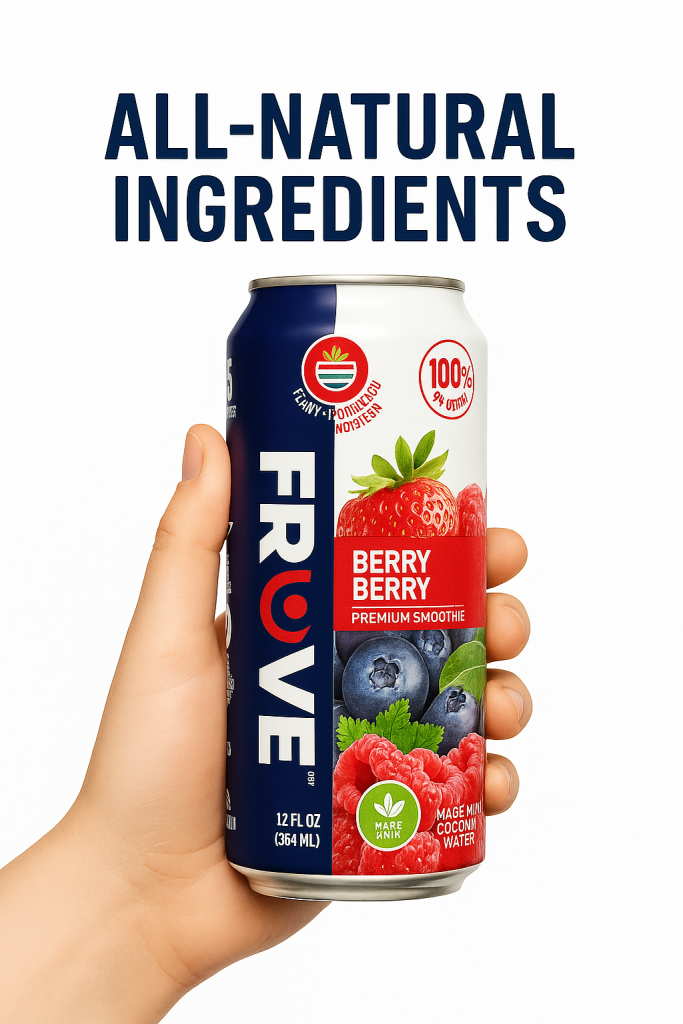 A Fruve Berry Berry smoothie bottle held up with vibrant berry graphics, promoting a healthy beverage made from real fruit—one of Fruve’s naturally sweet healthy drinks.